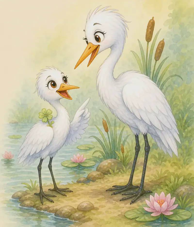 Gabriela stands at the edge of the wetland in the park, talking warmly with her mother heron. Gabriela's expression is bright and eager — she has just had her great idea. Her mother listens kindly. Mood: a sweet morning conversation full of new ideas.