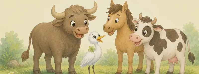 Gabriela stands in front of the three big farm animals — Eloy the ox, a horse and a cow — who are all welcoming her warmly. Gabriela tilts her head up at them, hopeful and friendly. The three large animals tower kindly above her. Setting: park grassland. Mood: a sweet first meeting.