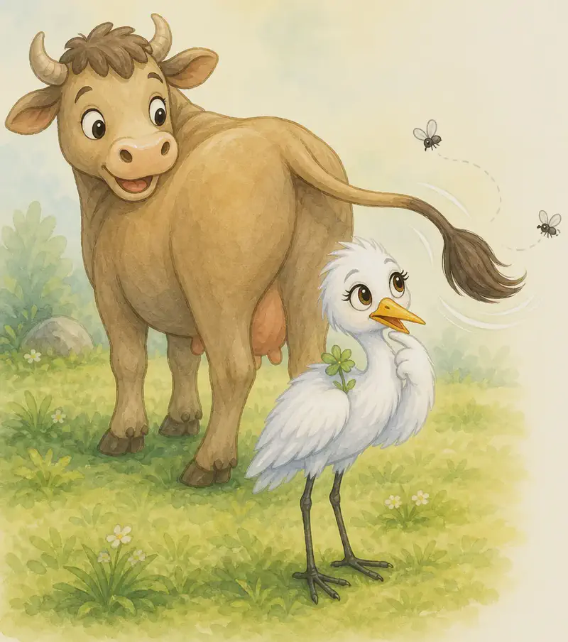 Gabriela stands attentively next to a cow or ox whose long tail is mid-swish, batting away a couple of small insects. Gabriela watches with a clever, observant expression — clearly thinking. Setting: park grassland. Mood: curious, thoughtful realization.
