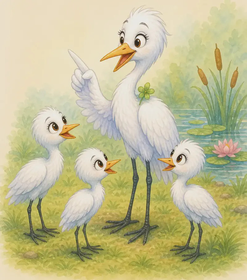Gabriela stands among three small young herons in a teaching pose — perhaps gesturing toward an unseen cow with her beak or wing, while the three young herons listen attentively. Setting: park grassland near the edge of the wetland. Mood: warm teaching moment.