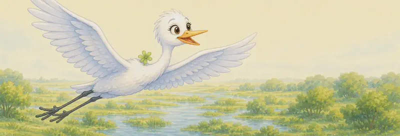 Gabriela in mid-flight, wings spread wide, long legs trailing behind, S-shaped neck extended forward. Her expression is content and reflective. Setting: open sky over the park. Mood: warm, satisfied closing page.