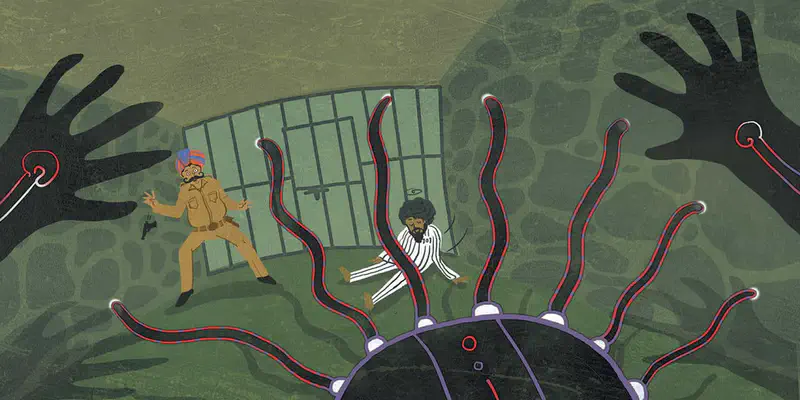 The ghost's tentacle hair reaches toward a frightened guard and prisoner near a prison gate, viewed from behind the ghost's head.