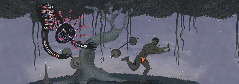 The ghost hangs upside down from a spooky tree, scaring a muscular man who drops his weights and runs away at night.