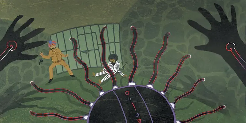 The ghost rises from the ground to scare a guard in uniform and a prisoner in stripes near a prison gate.