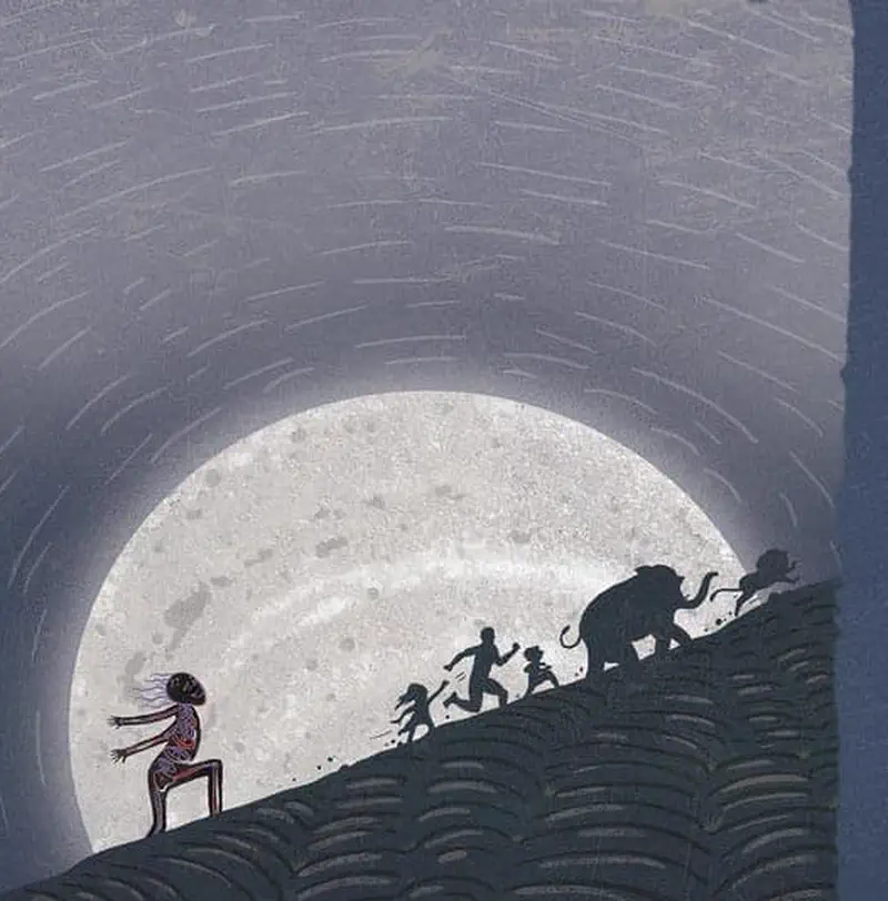 Silhouettes of the ghost chasing people and an elephant across a hillside with a giant full moon in the background.