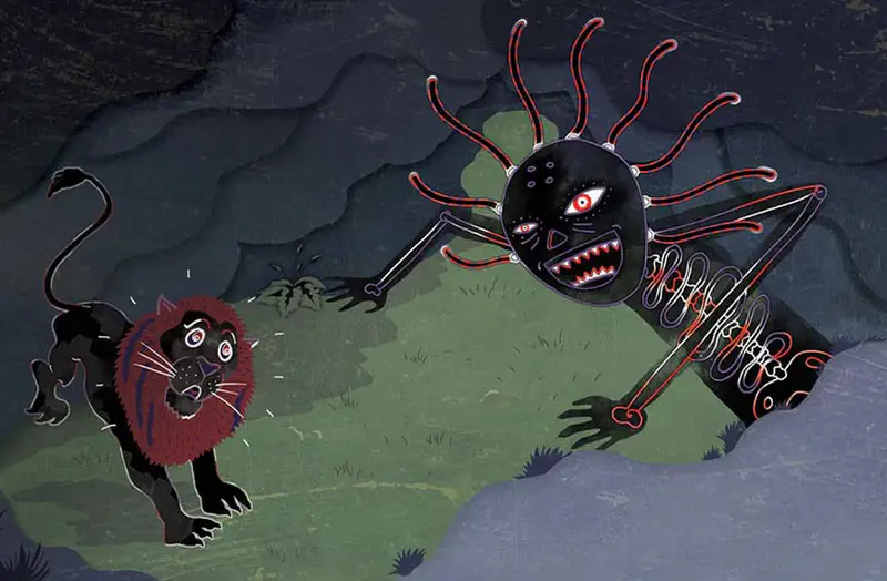 The ghost leaps from darkness with arms outstretched to scare a startled black lion with a red mane in a cave-like setting.