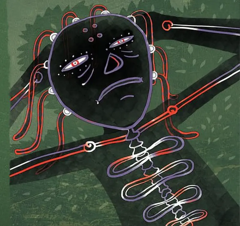 Close-up of the ghost looking sad and bored with drooping tentacles and crossed arms against a green background.