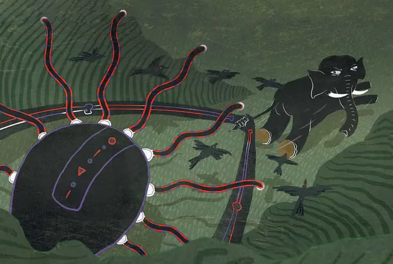 The ghost with tentacle hair chases a frightened black elephant across rolling green hills as birds scatter and fly away.