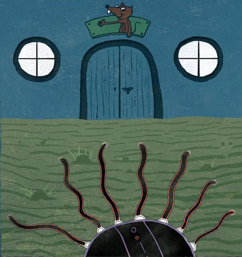 The ghost peeks over grass at a small blue mouse house with round windows while a mouse waves from the doorway.