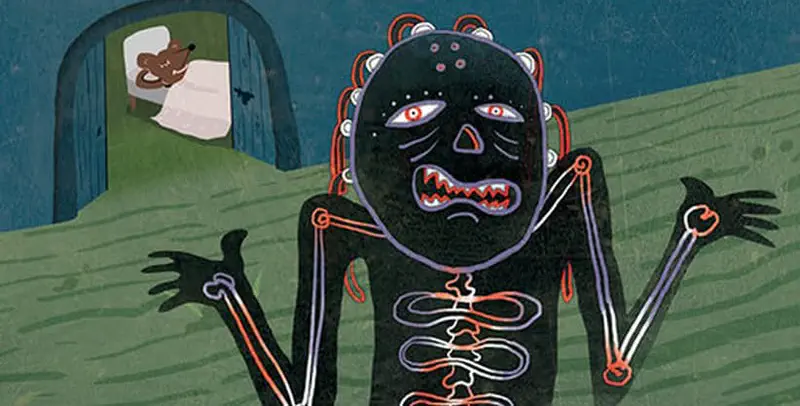 The ghost shrugs with a sad double-mouthed frown while the mouse waves from the doorway of its house, unbothered.