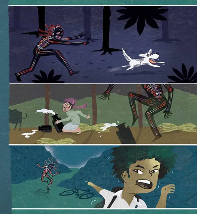 Three panels show the ghost chasing a white dog at night, scaring a man with pots, and frightening a boy on his bicycle.