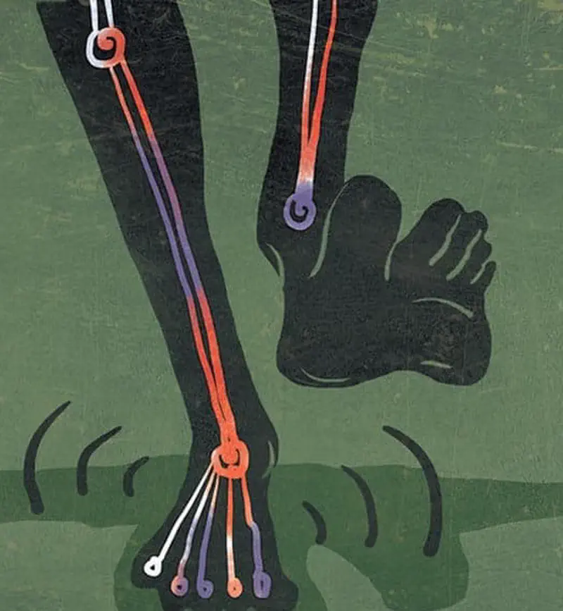 Close-up of the ghost's black legs and feet stomping on the ground with motion lines indicating loud banging.