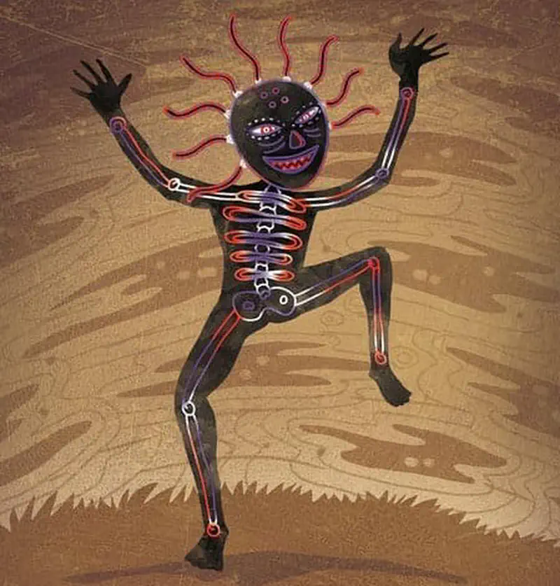 A black skeletal ghost figure with red and white bones, multiple eyes, and wild red tentacle hair dances against a brown swirled background.