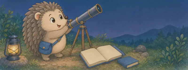 Enrique looking up through a small telescope, or examining a small star chart, with a curious, studious face. Soft sky or night background.