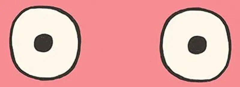 Two round eyes with black pupils drawn on a pink background, looking in the same direction.