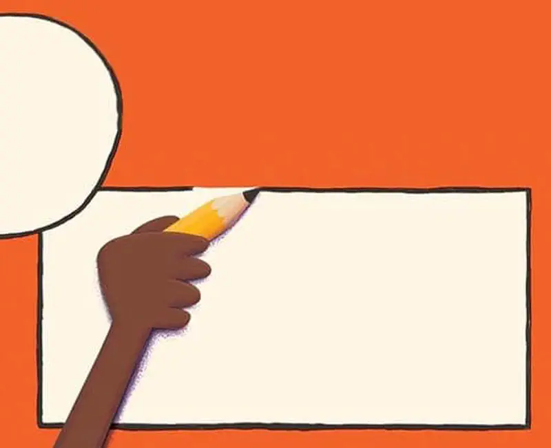 A hand draws a rectangular box shape next to a round head outline on an orange background.