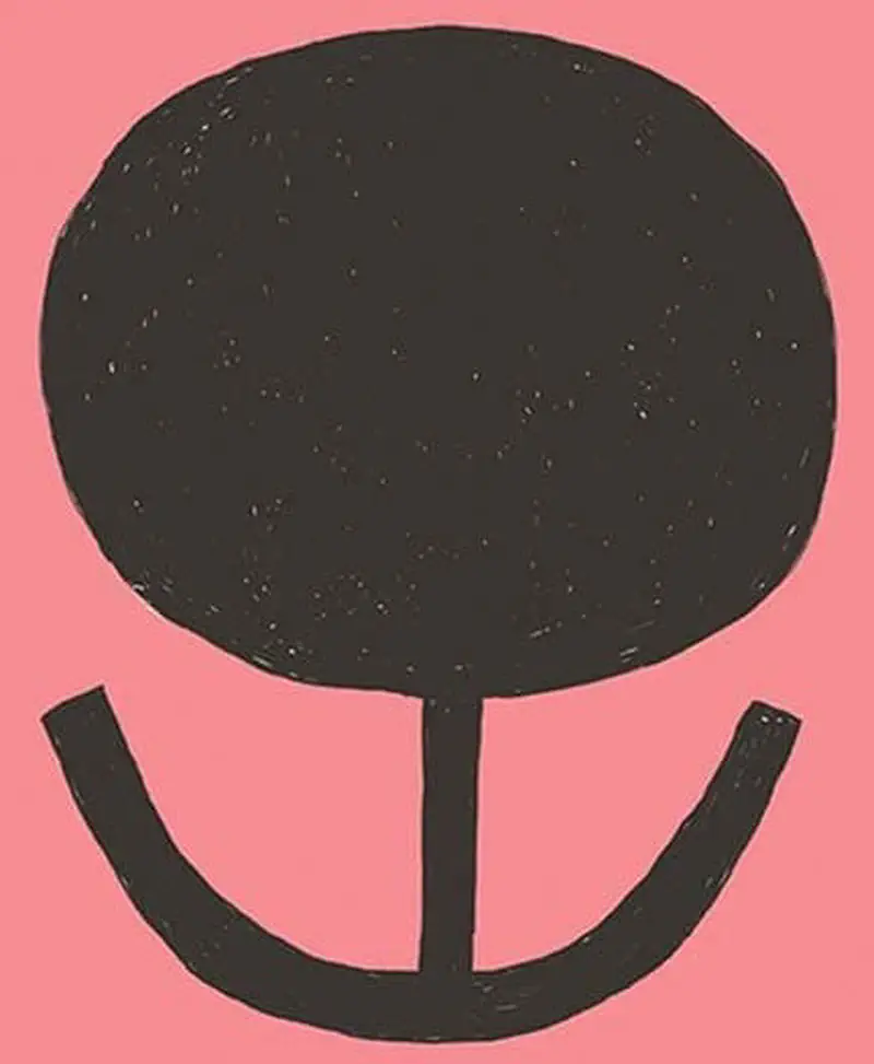 A big black filled-in nose with a curved smiling mouth line drawn below it on a pink background.