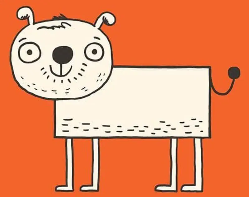 A completed cartoon dog drawing with round head, two ears, big eyes, black nose, smile, rectangular body, and curly tail.
