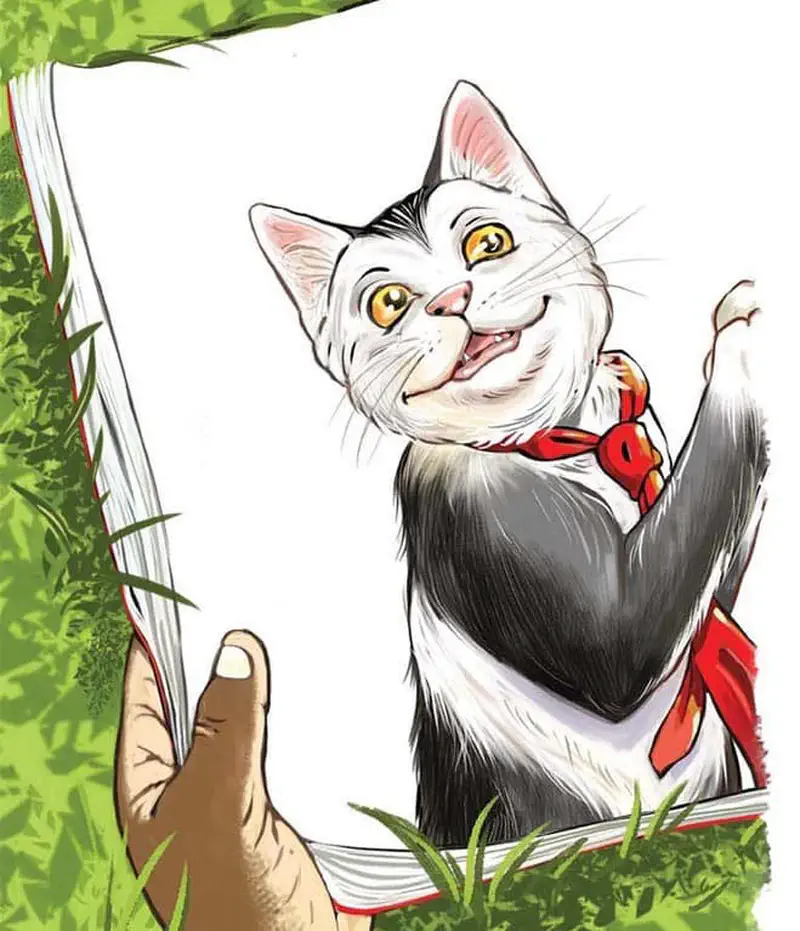A happy grey and white cat wearing a red bow tie waves one paw, pictured on the pages of the book.