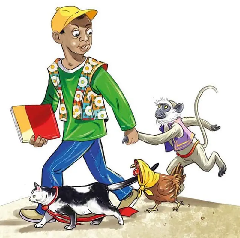 Kojo walks holding a book, followed by a cat with a bow tie, a hen with a yellow scarf, and a monkey in a vest.