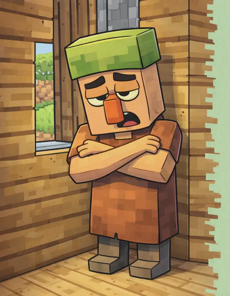 On the left side of the image, Nitwit stands inside a wooden house, looking unwell with a droopy, miserable expression — eyes half-closed and mouth slightly open as if mid-sneeze. His arms are folded across his chest and he leans slightly against the wooden wall behind him. The indoor scene shows wooden plank walls and floor, with a glimpse of green outdoors visible through an opening to the left. The right side of the image is plain mint-green background.