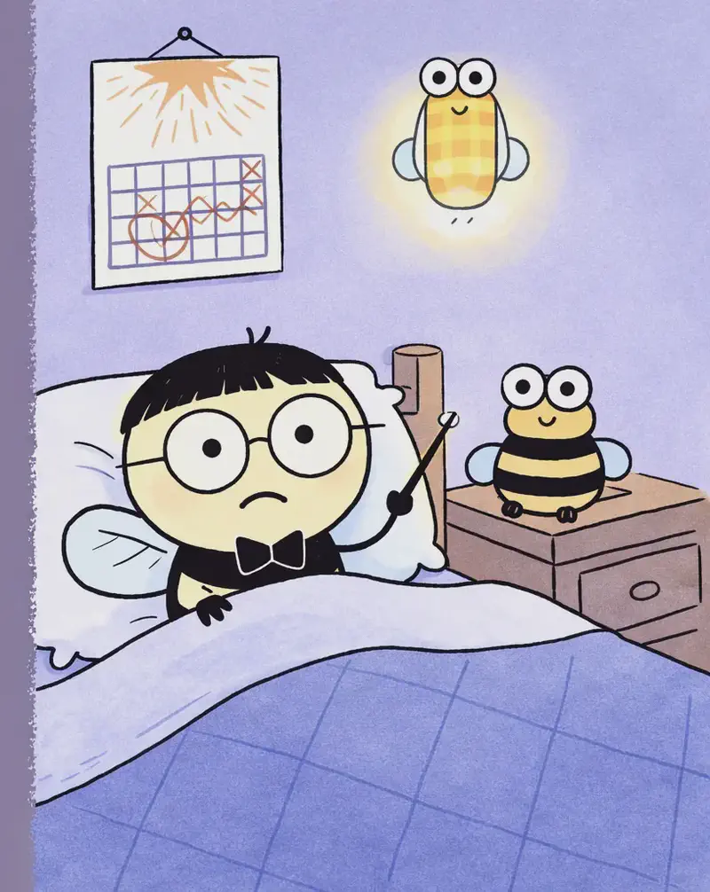 On the right side of the image, Pang lies in bed at nighttime with eyes open and a pale, worried expression, holding a small conductor's baton in one hand. The scene is a cozy bedroom bathed in soft blue-purple nighttime lighting, with a calendar pinned on the wall above showing days crossed off leading up to the concert. A glowing firefly hovers near the ceiling acting as a nightlight. A small bee stuffed toy sits on the bedside table beside Pang.