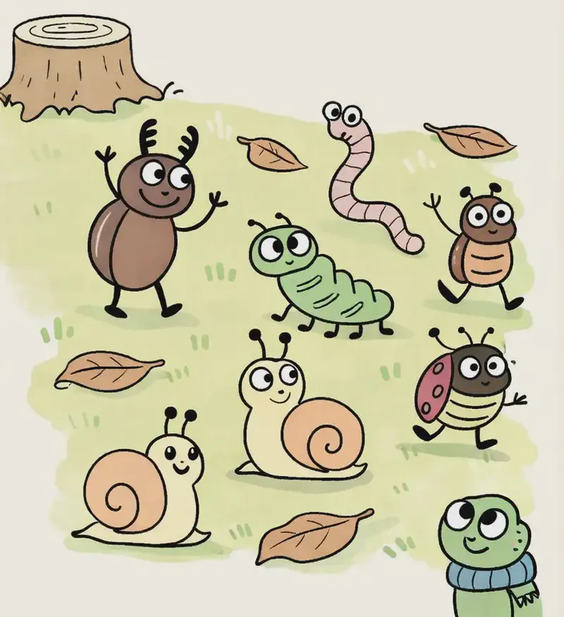 On the left side of the image, a lively crowd of insects gathers on a sunny, grassy clearing in a forest setting, with a tree stump visible in the upper-left corner and scattered brown fallen leaves on the ground. A beetle stands in the upper-left, raising one arm and looking excited with wide eyes. A green caterpillar, a worm, a small brown bug, a ladybug, and two snails are scattered across the grassy area, all walking or crawling toward the center with curious, eager expressions. In the lower-right edge, another green caterpillar wearing a blue scarf peeks into the scene, looking upward with a smile. The right ~40% of the image is plain warm beige background for text overlay.