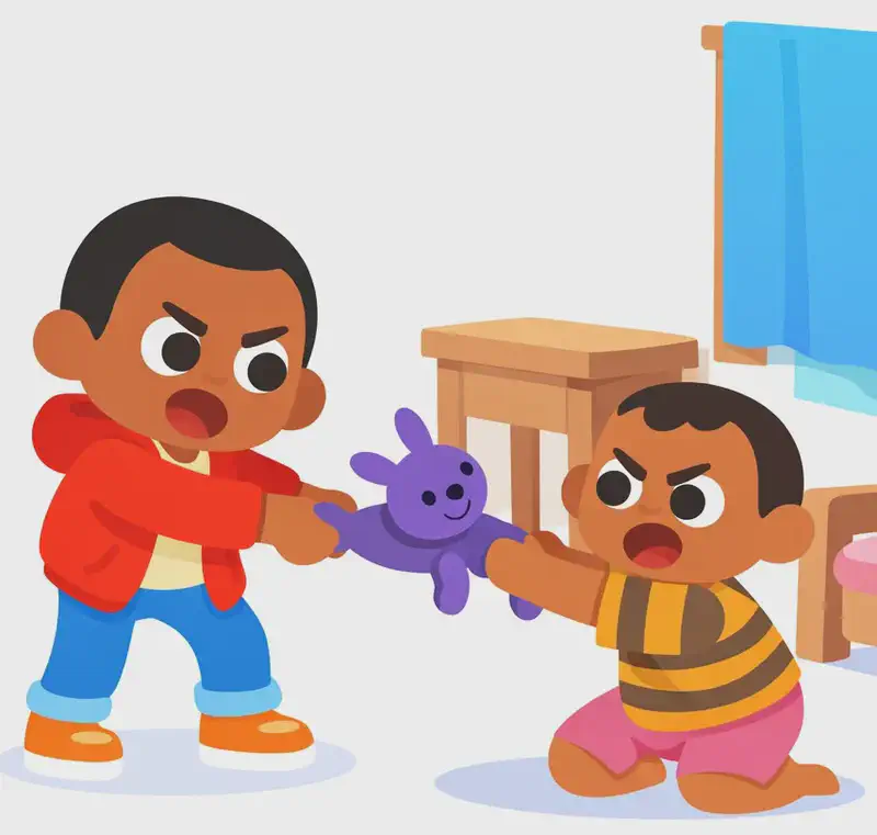 On the right side of the image, Brother stands leaning forward with an angry, frustrated expression, gripping a purple stuffed toy animal and pulling it away. Boy is on the far right, sitting/kneeling on the floor with an equally angry, upset expression, mouth open yelling, reaching up and holding onto the same purple toy — the two are locked in a tug-of-war over it. The scene is set indoors in a living room, with a wooden desk/table, a chair, and a window with a blue curtain visible behind them. The left side of the image is plain background.