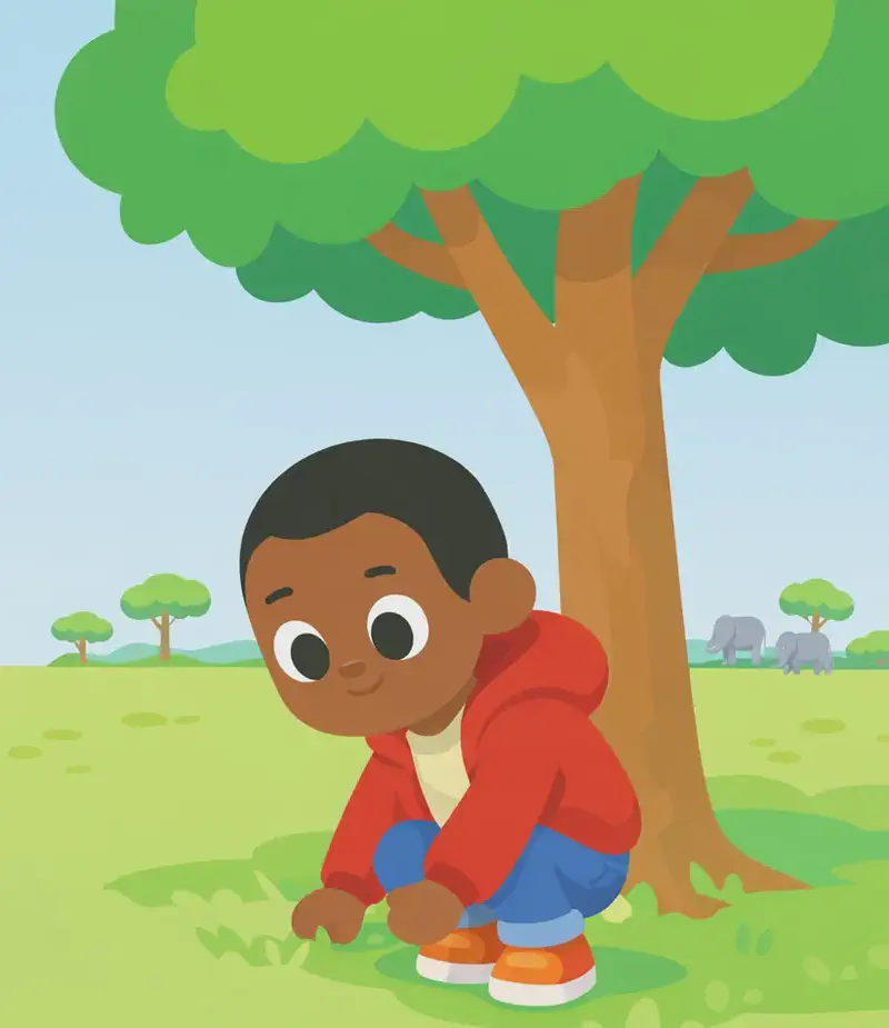 On the right side of the image, Brother crouches low on the ground beneath a large tree, facing toward the viewer at a three-quarter angle with a quiet, absorbed posture as if playing a game by himself — but something about the scene feels uneasy. A wide, open grassy plain stretches across the scene under a clear blue sky, with scattered trees visible in the far background. A small group of elephants is visible in the distant background on the right side of the plain. The left side of the image is open plain with no characters or detail.