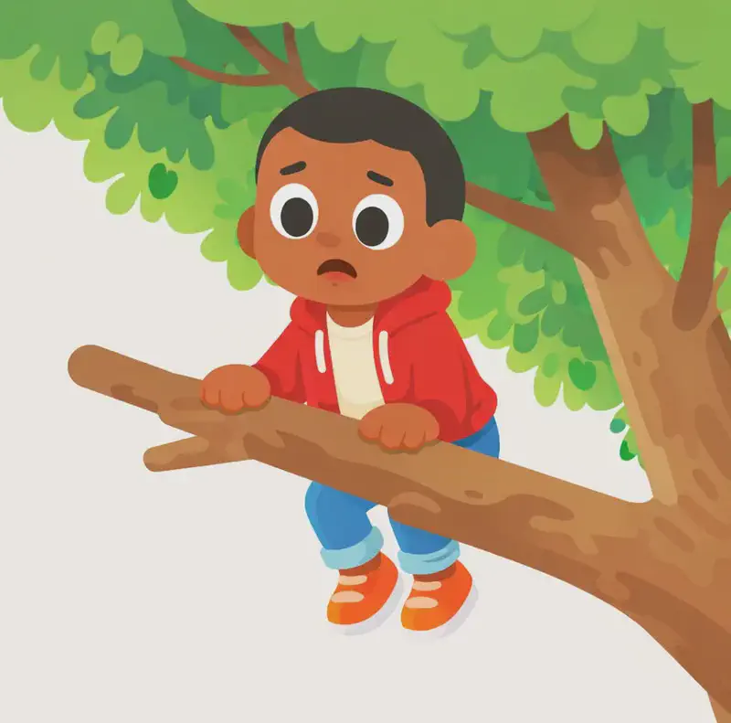 On the right side of the image, Brother is perched high up in a large leafy tree, sitting on a thick branch with both hands gripping the wood for balance. He has a worried, fearful expression on his face as he looks out cautiously. The tree's green canopy of leaves fills the upper-right corner, with branches extending across the top of the scene. The left side and lower portion of the image is open white background, providing space for text.