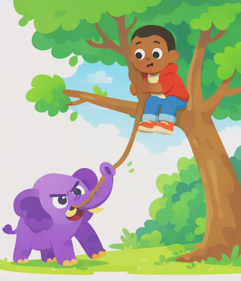 On the right side of the image, Mad Elephant stands on a grassy patch beneath a large tree, trunk wrapped around a low branch and pulling downward with a determined expression. Brother sits up in the tree on a branch above, looking down at Mad Elephant with a nervous, wide-eyed expression, gripping the branch tightly. The scene is set outdoors in a park-like setting on a bright, sunny day with lush green foliage surrounding the tree.