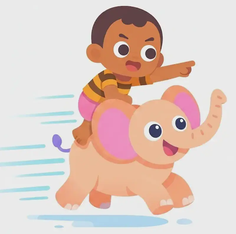On the left side of the image, Boy rides on top of Elephant, who is charging forward at full speed with motion lines trailing behind them. Boy is leaning forward with a determined expression, one arm stretched out ahead pointing the way. Elephant has a focused, wide-eyed look as it gallops with its legs in mid-stride and trunk curled slightly upward. The background is plain white, leaving the right side of the image open for text.