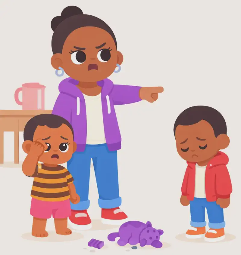 On the left side of the image, Mum stands in the center with a stern, frustrated expression, pointing firmly as she scolds the two boys. Boy stands to her left, rubbing his eye with one hand and looking upset, while Brother stands in front of Mum to the right, head down with a sulky, unhappy expression. A stuffed toy and broken pieces lie on the floor between them. The scene is set indoors in a living room, with a table and a pitcher visible in the background. The right ~40% of the image is plain background.