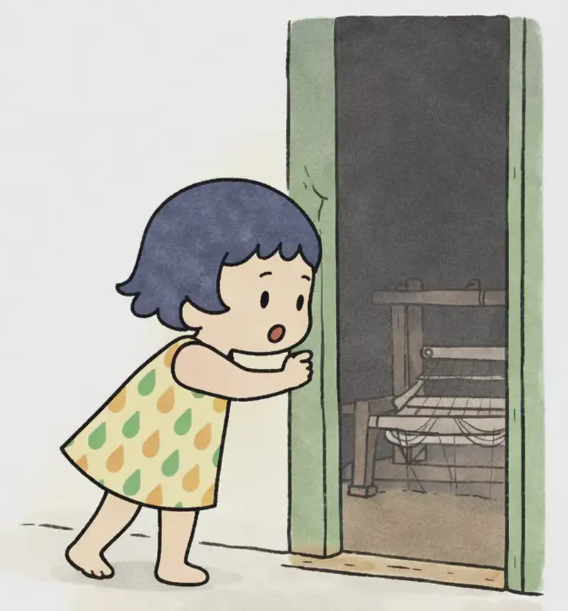 On the right side of the image, Kim stands bent forward slightly, peering curiously through a weathered open doorway into a dimly lit interior. She has a determined, inquisitive expression as she pushes the door open. Just inside the doorway on the right, a traditional wooden loom is visible with threads and wooden slats. The scene is set outdoors on what appears to be a porch or entryway of an older building, with warm daylight illuminating the left side as plain background. Colorful "POK POK POK..." sound-effect text floats above, suggesting tapping sounds coming from the loom.