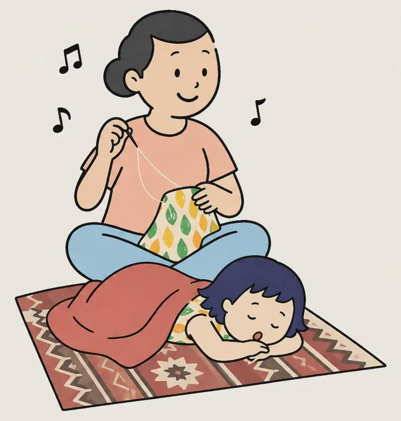 On the left side of the image, Kim's mother sits cross-legged on the floor, singing softly — musical notes float in the air around her — while sewing or doing needlework with thread and fabric. Below her, Kim lies on her stomach on a red and brown patterned rug with her head resting on her arms, eyes closed, peacefully drifting off to sleep.  She has pulled a thin red blanket up to cover herself. The scene is a warm, softly lit indoor setting with a calm, cozy afternoon atmosphere. The right ~40% of the image is plain light background.