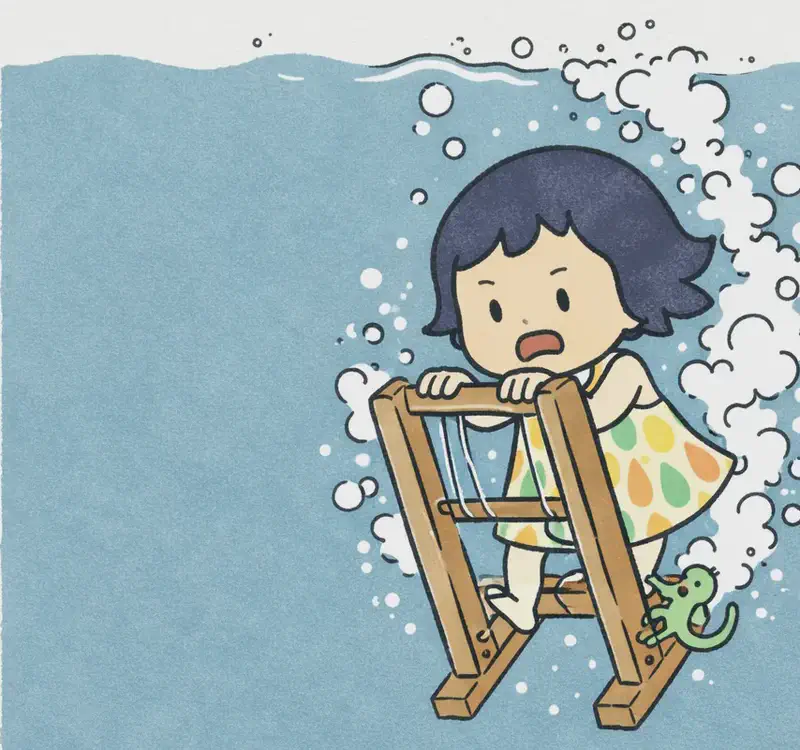 On the right side of the image, Kim is plummeting downward beneath the ocean surface atop the magic loom, gripping the wooden frame with a determined expression. A blanket of bubbles and foam surrounds her and the loom as they plunge into the dark, deep water. A tiny gecko clings to the loom beside her. The left side is open dark sea water, providing clear space for text overlay.