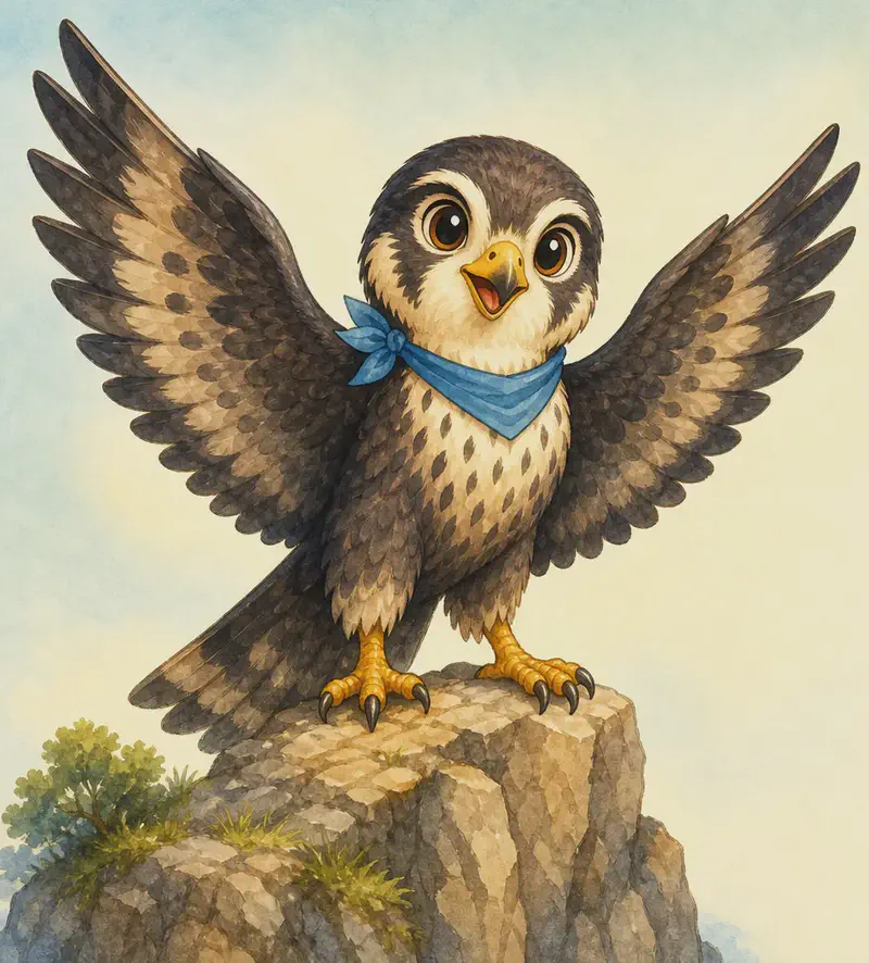 Introduce Hernando. Show him perched on a high rocky outcrop, wings spread to reveal their long, pointed shape and dark plumage. Sharp talons clearly visible gripping the rock. Eyes alert and bright, showing his excellent eyesight. Mood: noble, powerful introduction.