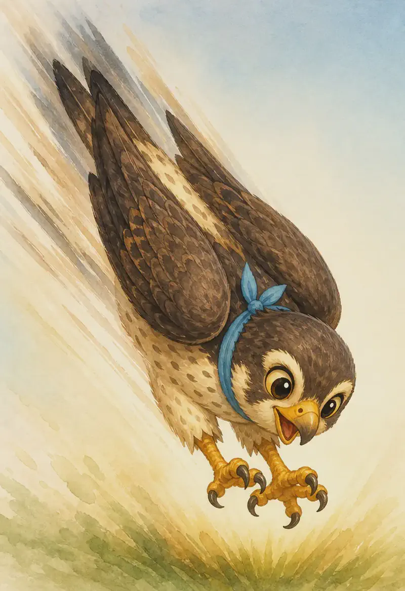 Hernando is in a steep dive, wings folded close to his body, beak pointing down toward the ground. His enormous talons are extended forward, ready to catch prey. Show the silhouette of the dive clearly — fast, dramatic, controlled. Keep prey unspecific (a simple suggestion of a target below, not graphic). Mood: powerful focused action.