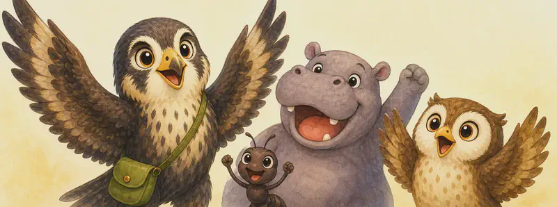 Hugo is in front with his wings raised and beak open in a happy cheering gesture. Just behind/beside him, the three friends celebrate together: the hippopotamus, the small ant, and the owl, all looking up and cheering joyfully. Mood: enthusiastic tribute. Keep the group tight together.