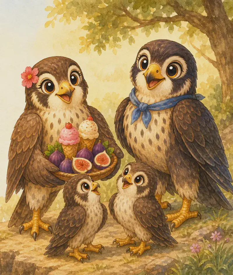 Hilda arrives carrying small ice cream cones and figs (simple, child-friendly treats). Hernando stands proudly nearby with one or two small young falcons looking up at him attentively, as if learning. Mood: proud, warm, celebratory closing page.