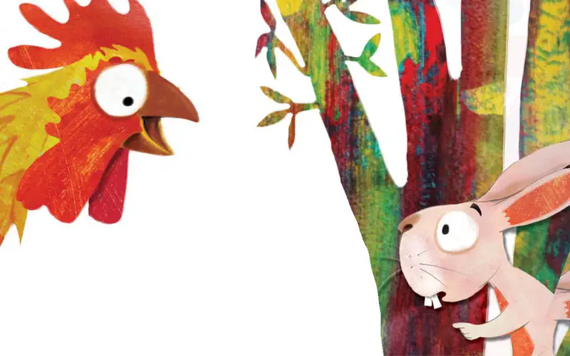 A red and yellow hen with big eyes talks to Hop the rabbit who peeks out from behind colorful tree trunks.