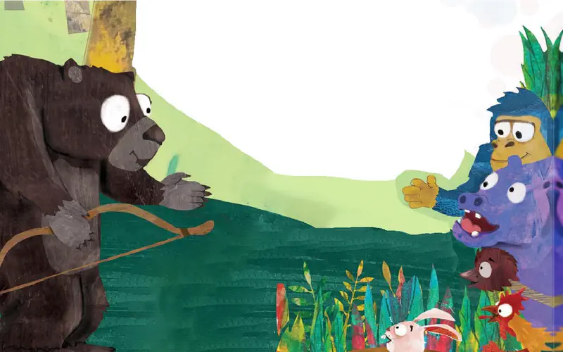 A brown bear holds a bow while an ape, hippo, and other animals watch Hop explain about the arrows.