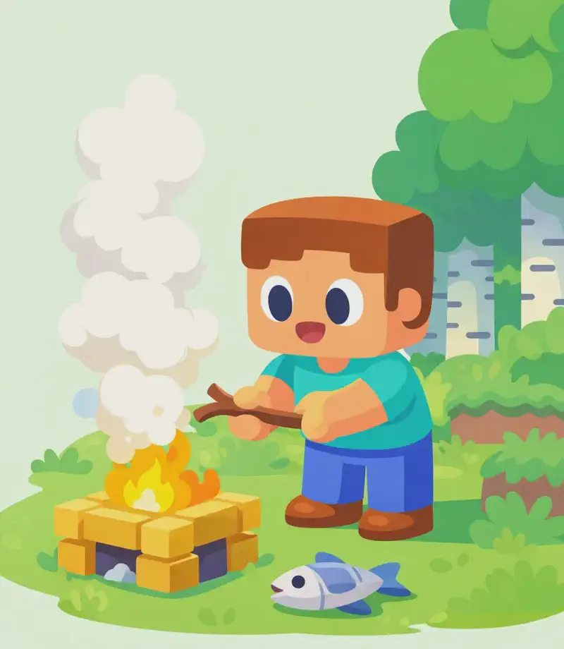 On the right side of the image, Steve stands beside a campfire built on the grass, with smoke billowing upward. He appears to be tending the fire with a determined expression, facing it at a three-quarter angle. A raw cod fish sits on the ground near the fire, ready to be cooked. The scene is set outdoors in a forested area with trees and green grass, during daytime with soft natural lighting. The left side of the image is clear background suitable for text overlay.