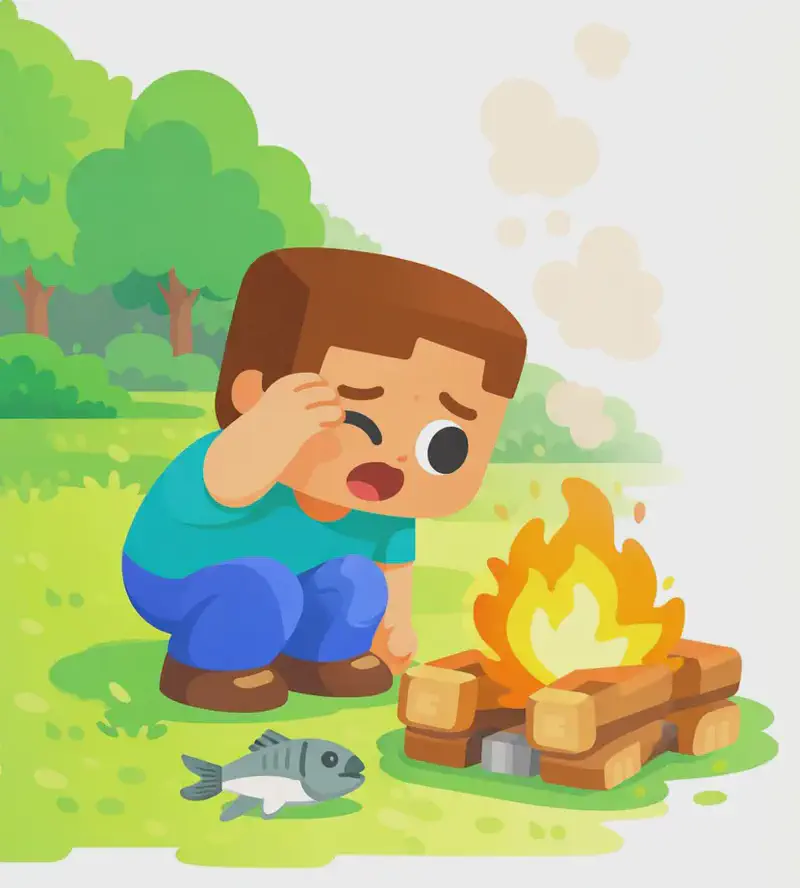 On the left side of the image, Steve is crouching low beside a campfire built on stacked logs, leaning in close but shielding his face with one arm, wincing from the intense heat. The fire is burning brightly with orange and white flames and wisps of smoke rising upward. A cod fish sits near the fire, partially cooking. The scene is set outdoors on a green grassy area with trees and foliage visible in the background under daylight. The right side of the image is open plain background for text placement.