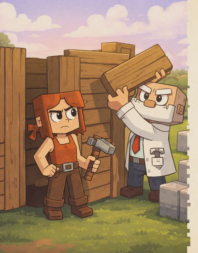 On the left side of the image, Jill and Dr. Can Do stand together on grass in front of a partially built wooden structure (the beginnings of the windmill). Jill stands slightly to the left with a skeptical, furrowed expression, her grey-and-brown pickaxe resting at her side. Dr. Can Do stands beside her, actively lifting a wooden plank into place on the structure with both hands, his small grey hammer tucked in his belt. Stone building blocks are stacked nearby on the ground to the right of them. The scene is outdoors on a bright day with a green landscape, trees in the distance, and a soft pink-tinged sky with clouds. The right ~40% of the image is a plain parchment-coloured text area.