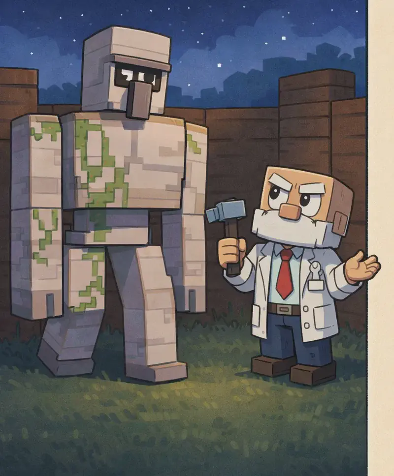 On the left side of the image, a tall Iron Golem with grey iron skin and dark eyes stands facing slightly to the right in a slow walking pose, while Dr. Can Do stands beside it looking up at the golem with a calm, shrugging expression. The scene is set outdoors at nighttime, with a dark blue sky visible above wooden fence walls that form an enclosed yard area, and grass on the ground. The right ~40% of the image is a plain beige text panel with no characters or detail.
