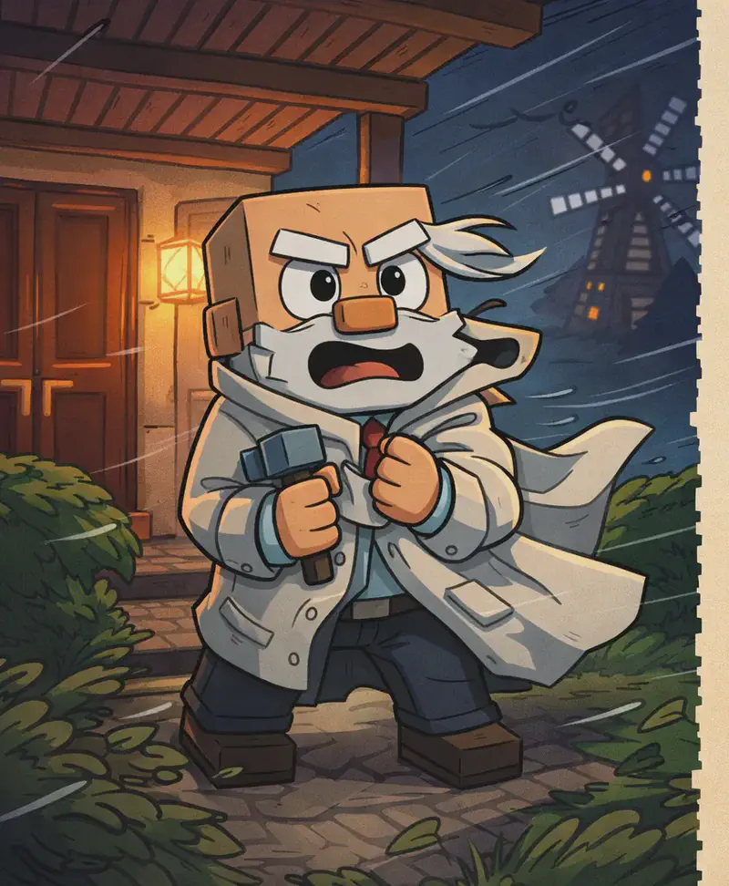 On the left side of the image, Dr. Can Do stands just outside the doorway of a house with a wooden porch overhead, bracing himself against a fierce gust of wind with a coat wrapped around himself over his white lab coat. His white mustache and eyebrows are blown to the side by the wind, and he has an alarmed, wide-eyed expression. In the background beyond the yard, the windmill is visible in the darkness with its sails spinning wildly out of control. Windswept bushes and greenery blow violently around his feet. The scene is set at nighttime with warm light spilling from inside the house behind him. The right ~40% of the image is a plain text overlay area.