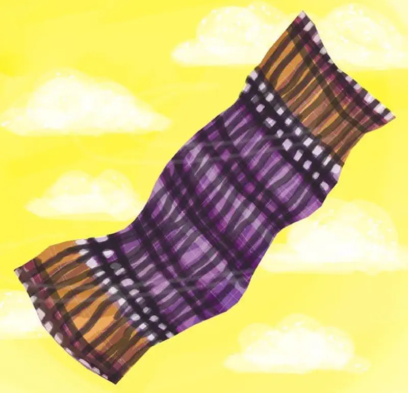 A purple and orange plaid cloth towel floats diagonally across a yellow sky with white clouds.
