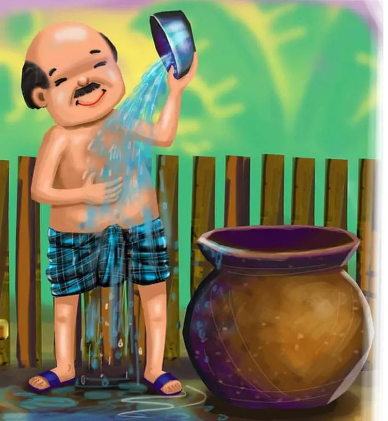 A bald man with a mustache pours water over himself while bathing outdoors, wearing a plaid towel as shorts.