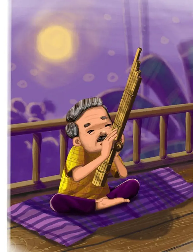 An elderly man sits cross-legged on a purple plaid towel, playing a traditional bamboo instrument at twilight.